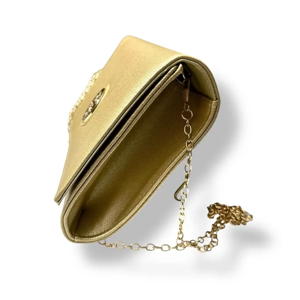 New CXL by Christian Lacroix Gold Paris Caviar Clutch Crossbody Detachable Chain